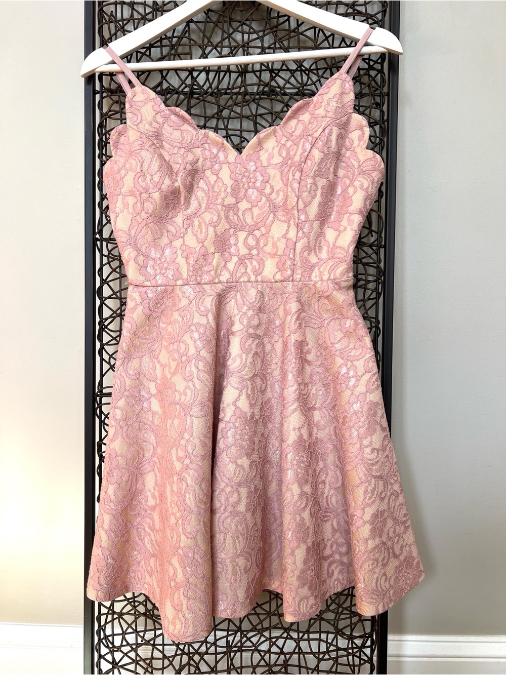 Mi Ami Pink Lace Shimmer Fit Flare Mini Dress Scallop Adjust Spaghetti Straps S